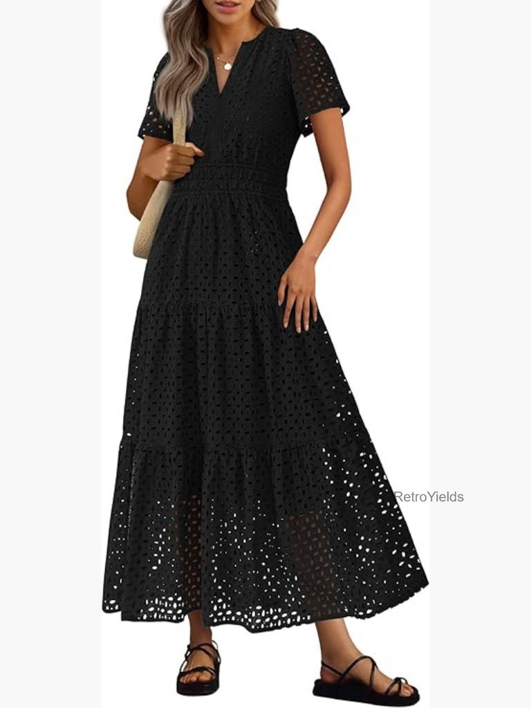 Hollow Out Eyelet A Line Maxi Dress Short Sleeve V Neck Summer